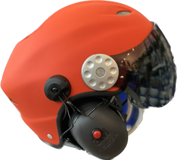 PPG Motorschirmhelm Orange Glasfaser mit Peltor Headset und Visir